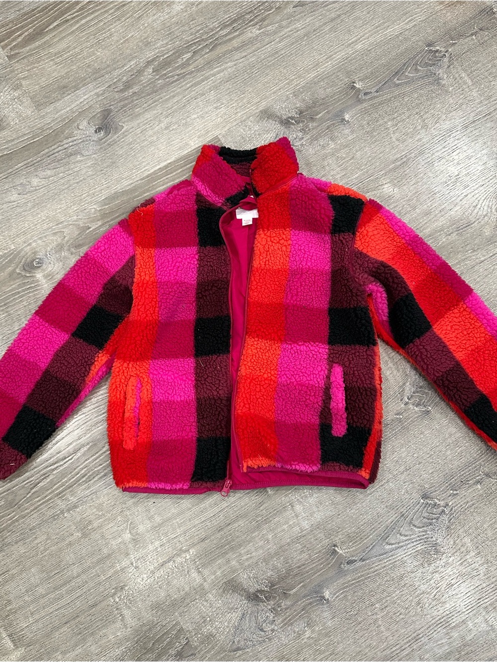 Cat & Jack Girls' Sherpa Plaid Zip Jacket in Pink, Red & Black